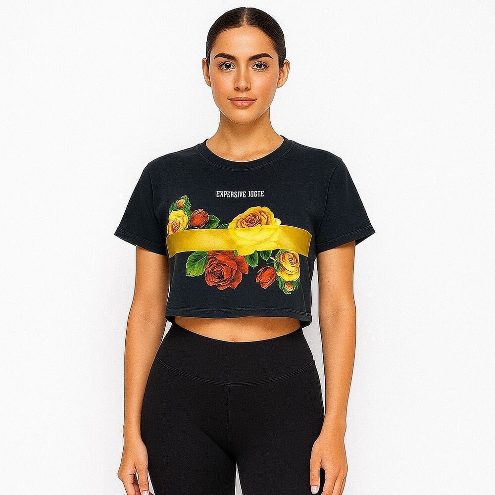 Fashion Nova Short Sleeve Expensive Taste Black Crop Top Floral 100% Cotton M